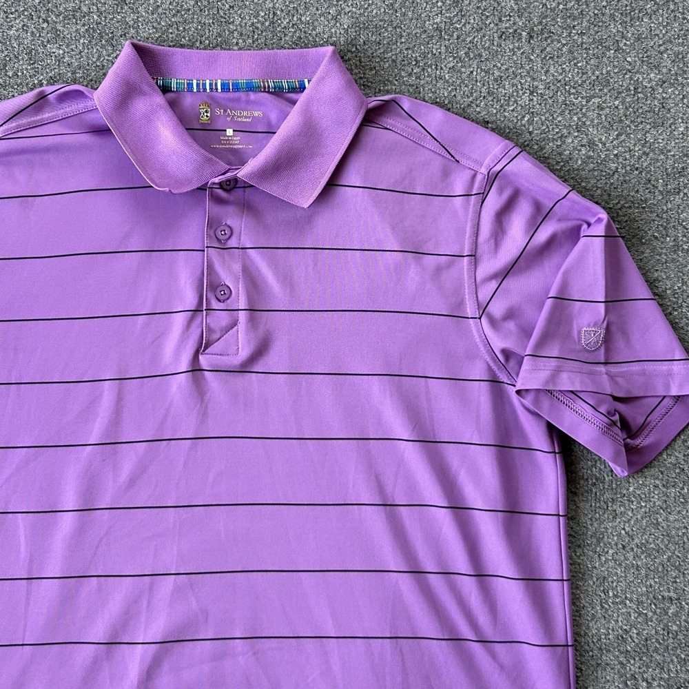 St Andrews Of Scotland Polo Shirt Mens Large Purple Stripe‎ Golf Performance